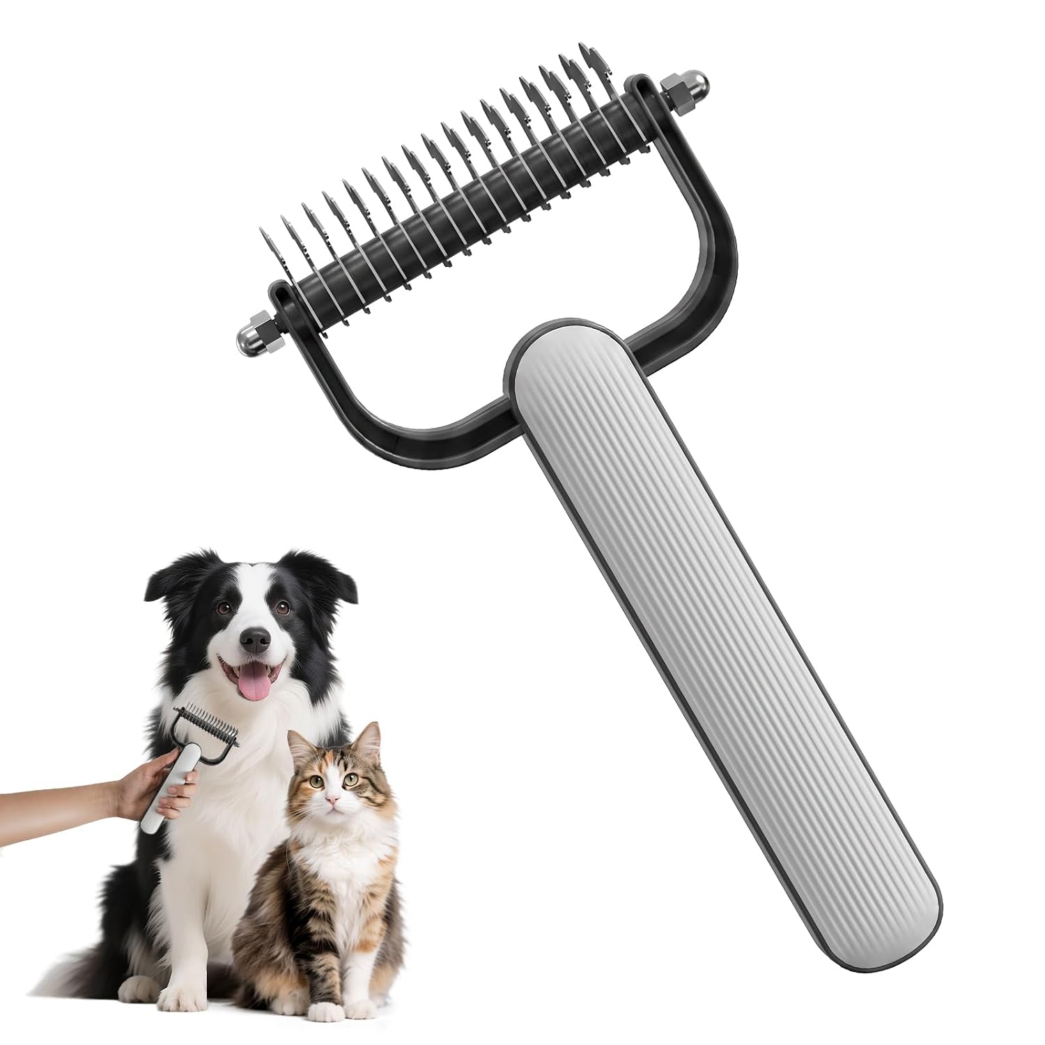 61AGPhvL9-L._SL1500_.jpg Double-sided dematting comb for thick double-coated pets, undercoat rake for tangles and matted fur. - Image 1