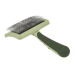 Curved firm slicker brush for detangling all hair types, professional grooming tool.