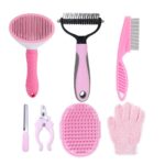 7-piece grooming kit with self-cleaning brush, nail clipper, flea comb, and shampoo brush for complete pet care.