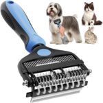 3-in-1 professional grooming brush combines dematting comb, undercoat rake, and deshedding tool for all coat types.