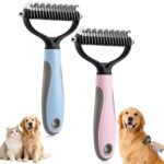 Double-sided undercoat rake and deshedding tool for long-haired pets, removes tangles and loose fur.