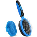 2-piece grooming set includes double-sided brush for shedding and bathing, suitable for dogs, cats, and horses.