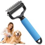 Double-sided deshedding and detangling brush for medium or long-haired breeds, removes mats and loose fur effectively.