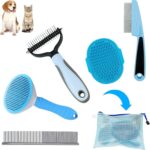 5-piece grooming kit with shedding brush, puppy brush, flea comb, slicker brush, for home or travel.