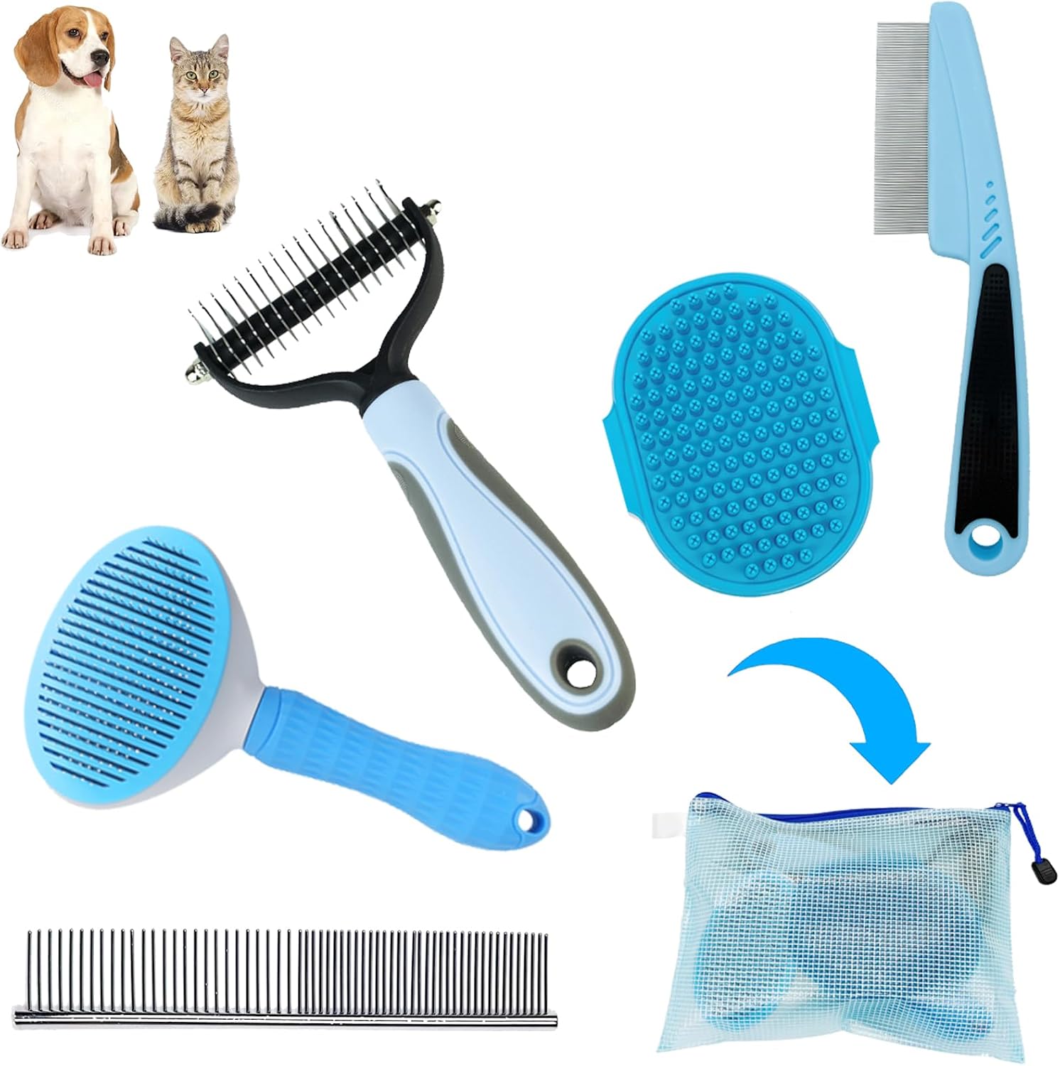 71jAl-9YwwL._AC_SL1500_.jpg 5-piece grooming kit with shedding brush, puppy brush, flea comb, slicker brush, for home or travel. - Image 1