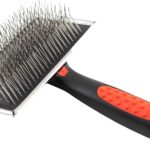 Extra-long pin slicker brush with ergonomic handle removes loose undercoat and tangles for dogs.