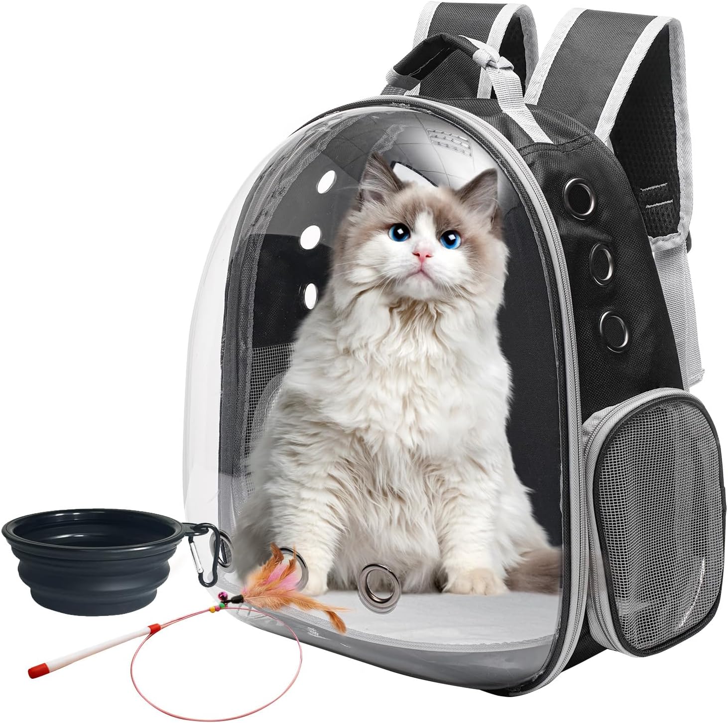 811uZC6agqL._AC_SL1500_.jpg Large Cat Backpack Carrier with Folding Bowl and Teaser Stick for Cats up to 20lbs with Ventilation and Padded Straps Mochila para Gatos transportadora (Black) - Image 1