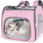 Airline Approved Cat Soft-Sided Carrier Backpack, Airport-Friendly Breathable Mesh Foldable Pet Travel Carrier with Reinforced Support, Portable Puppy Carrying for Kitty Up to 12 lbs (Pink)